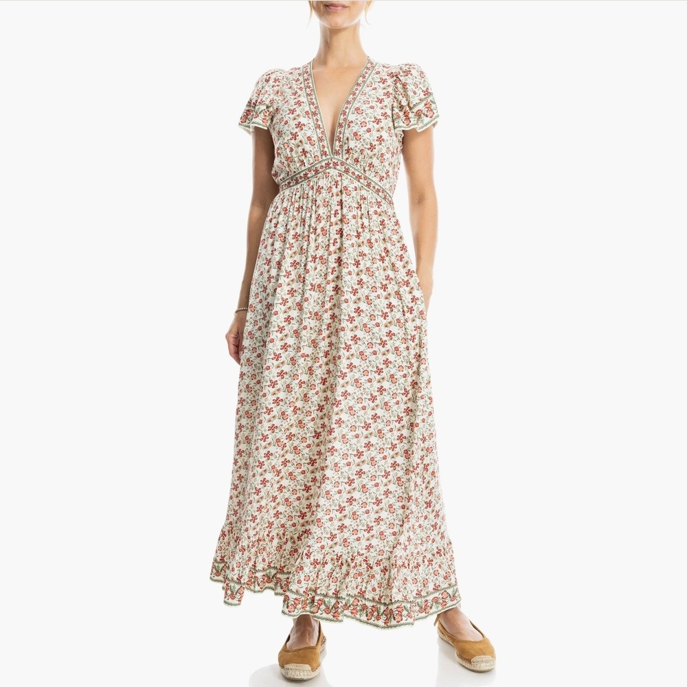 NEW Max Studio Small Floral Maxi Dress‎ Smocked Waist Ruffle Sleeve Cottagecore